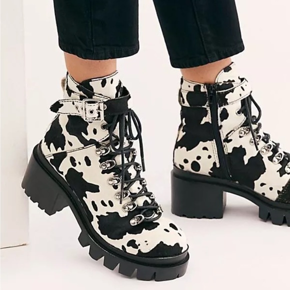 Free People Jeffrey Campbell Printed Check Lace Up Boot Color Cow - Picture 1 of 10